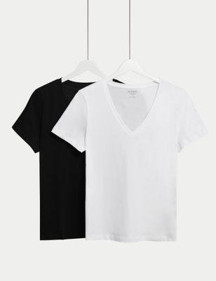 M&S Womens 2pk Pure Cotton V-Neck T-Shirts - 8 - Black/White, Black/White