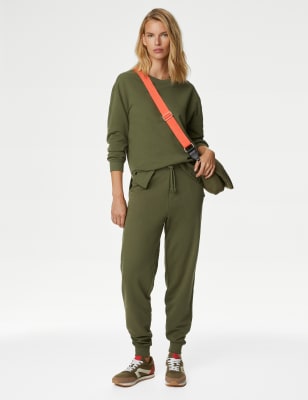 Marks And Spencer Womens M&S Collection Cotton Rich Crew Neck Longline Sweatshirt - Olive, Olive