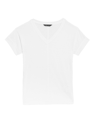 

Womens M&S Collection Kurzarm-T-Shirt mit Leinen und V-Ausschnitt - White, White