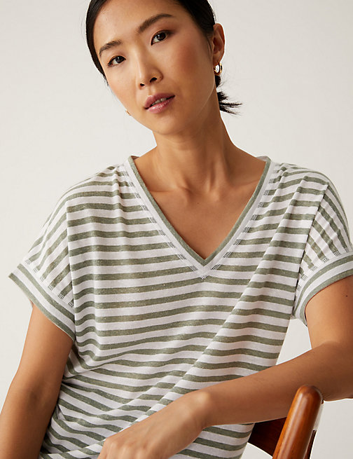 Marks And Spencer Womens M&S Collection Striped V-Neck T-Shirt with Linen - Khaki Mix, Khaki Mix