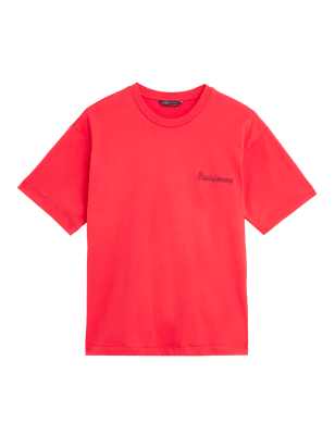 

Womens M&S Collection T-Shirt aus reiner Baumwolle mit Rundhalsausschnitt und Schriftzug - Red Mix, Red Mix