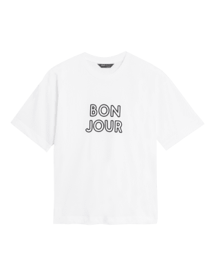 

Womens M&S Collection T-Shirt aus reiner Baumwolle mit Rundhalsausschnitt und Schriftzug - White Mix, White Mix