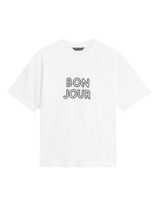 

Womens M&S Collection Pure Cotton Slogan Crew Neck T-Shirt - White Mix, White Mix