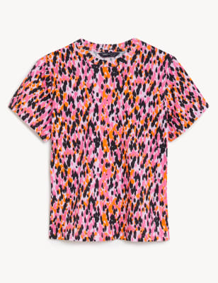 

Womens M&S Collection Modernes T-Shirt aus reiner Baumwolle mit Muster - Pink Mix, Pink Mix
