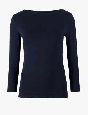 Cotton Rich Slash Neck Fitted T-Shirt | M&S Collection | M&S