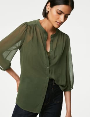 

Womens M&S Collection Crew Neck Button Through Blouse - Khaki, Khaki