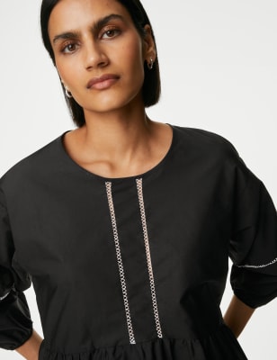 

Womens M&S Collection Pure Cotton Embroidered Puff Sleeve Blouse - Black, Black