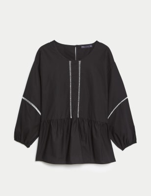 

Womens M&S Collection Pure Cotton Embroidered Puff Sleeve Blouse - Black, Black