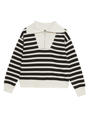 

Womens M&S Collection Gestreiftes Sweatshirt mit hohem Baumwollanteil und Kragen - Black Mix, Black Mix