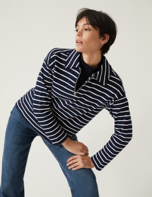 

Womens M&S Collection Pure Cotton Striped Collared Sweatshirt - Navy, Navy