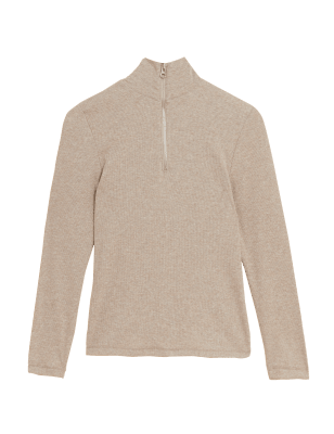 

Womens M&S Collection Cotton Rich Ribbed Zip Up Long Sleeve Top - Latte, Latte