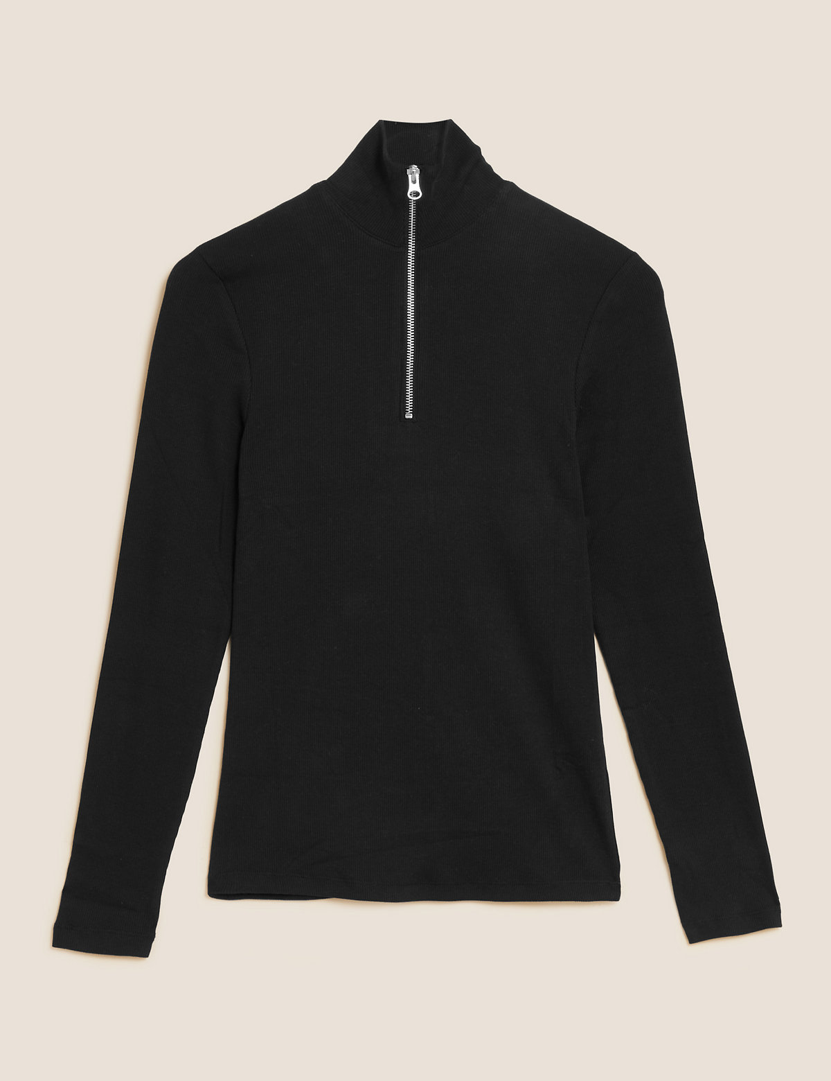 Cotton Rich Ribbed Zip Up Long Sleeve Top