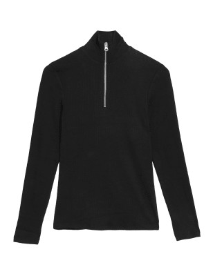 

M&S Collection Top de algodón de manga larga acanalado con cremalleraWomens - Black, Black