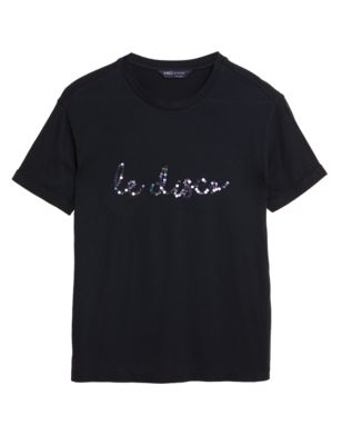 Womens M&S Collection Cotton Rich Embellished Slogan T-Shirt - Black