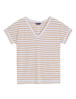 

Womens M&S Collection Linen Rich Striped V-Neck T-Shirt - Brown Mix, Brown Mix