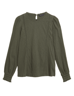 

Womens M&S Collection Pure Cotton Round Neck Lace Insert Top - Hunter Green, Hunter Green