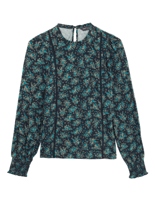 

Womens M&S Collection Pure Cotton Floral High Neck Top - Navy Mix, Navy Mix