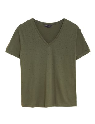 

Womens M&S Collection Cotton Modal Blend Embellished T-Shirt - Hunter Green, Hunter Green