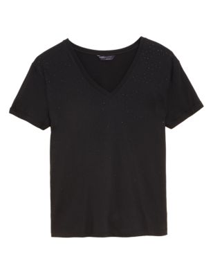 

Womens M&S Collection Cotton Modal Blend Embellished T-Shirt - Black, Black