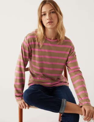

Womens M&S Collection Gestreiftes Oberteil aus Baumwolle-/Modalmischung mit Rundhalsausschnitt - Spice Mix, Spice Mix
