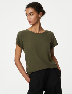 

Womens M&S Collection Pure Cotton Everyday Fit Slash Neck T-shirt - Hunter Green, Hunter Green