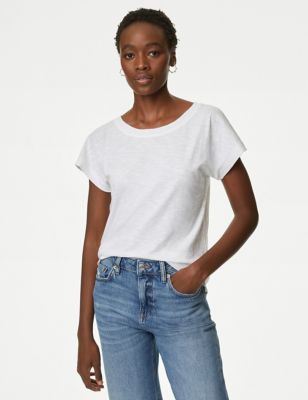 M&S Womens Pure Cotton Everyday Fit Slash Neck T-shirt - 6 - Soft White, Soft White,Hunter Green,Ice