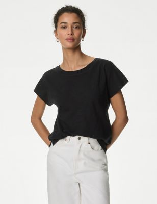 

Womens M&S Collection Pure Cotton Everyday Fit Slash Neck T-shirt - Black, Black