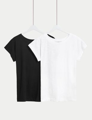 M&S Women's 2pk Everyday Pure Cotton Slash Neck Tops - 6 - Black/White, Black/White
