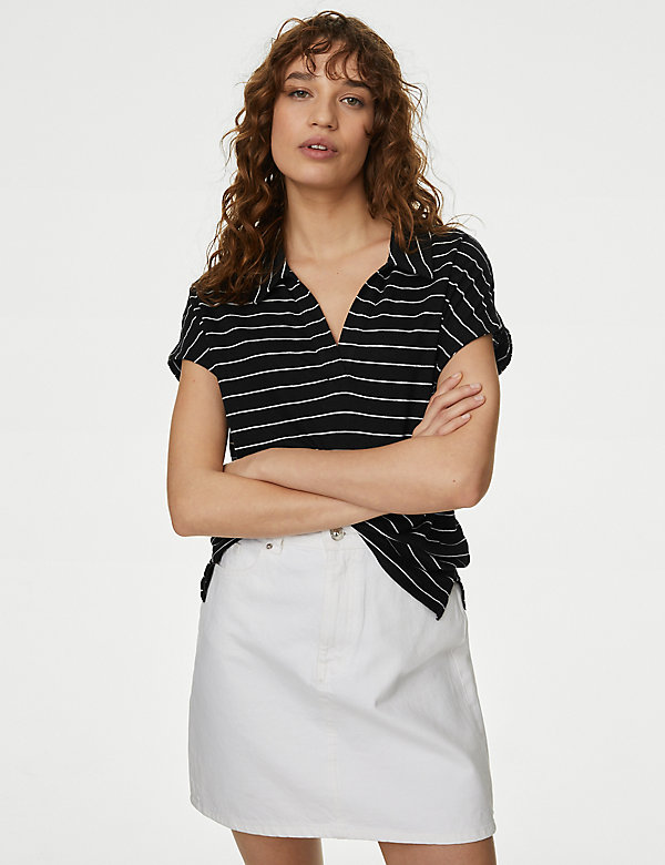 Linen Blend Striped Collared Top - IS