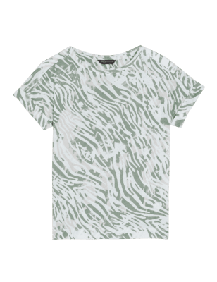 

M&S Collection Camiseta de lino estampada con escote cerradoWomens - Khaki Mix, Khaki Mix