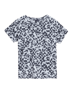 

Womens M&S Collection Linen Rich Printed Crew Neck T-Shirt - Black Mix, Black Mix