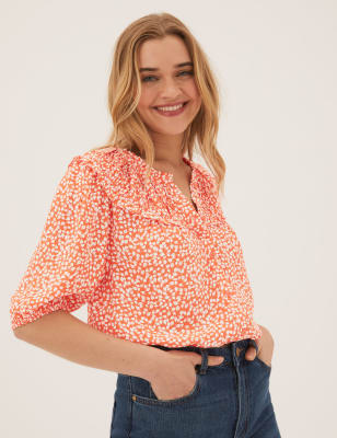 

Womens M&S Collection Gesmokte Kurzarmbluse mit Muster - Coral Mix, Coral Mix