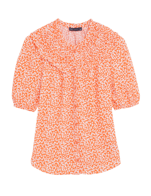 

Womens M&S Collection Printed Smocked Short Sleeve Blouse - Coral Mix, Coral Mix