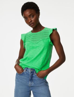 

Womens M&S Collection Pure Cotton Embroidered Frill Detail Top - Acid Green, Acid Green