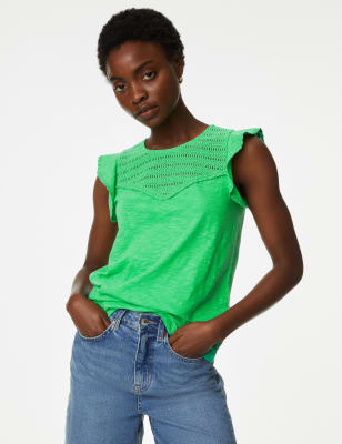 

Womens M&S Collection Pure Cotton Embroidered Frill Detail Top - Acid Green, Acid Green