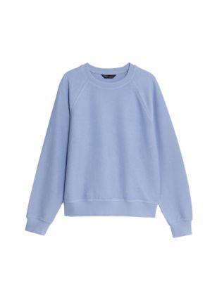 M&S Womens Pure Cotton Textured Crew Neck Sweatshirt - XS - Medium Blue, Medium Blue,Light Natural