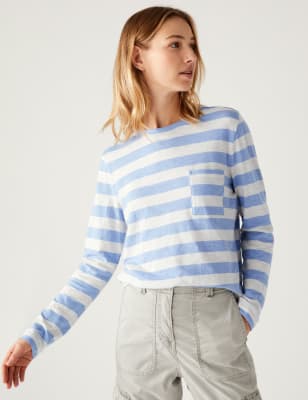 

Womens M&S Collection Pure Cotton Striped Crew Neck Top - Light Blue Mix, Light Blue Mix