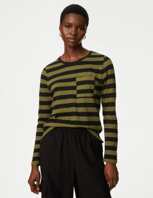 

Womens M&S Collection Pure Cotton Striped Crew Neck Top - Khaki Mix, Khaki Mix