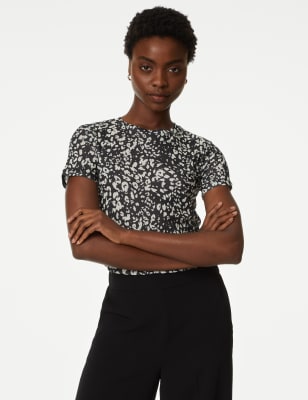 

Womens M&S Collection Printed Mesh Short Sleeve Top - Black Mix, Black Mix