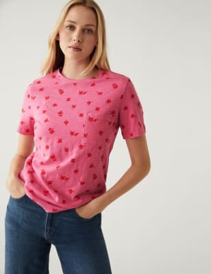 

M&S Collection Camiseta 100% algodón con bolsillo estampadaWomens - Pink Mix, Pink Mix
