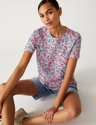 

Womens M&S Collection Pure Cotton Printed Pocket T-Shirt - Blue Mix, Blue Mix