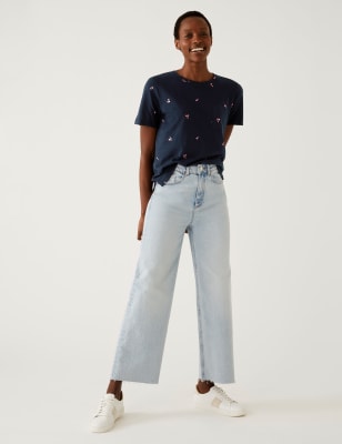 

Womens M&S Collection Gemustertes T-Shirt aus reiner Baumwolle mit Tasche - Navy Mix, Navy Mix