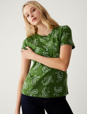 

M&S Collection Camiseta 100% algodón con bolsillo estampadaWomens - Green Mix, Green Mix