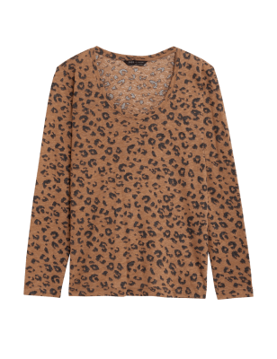 

Womens M&S Collection Linen Rich Printed Scoop Neck Top - Brown Mix, Brown Mix