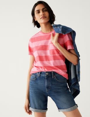 

Womens M&S Collection Pure Cotton Striped Pocket T-Shirt - Pink Mix, Pink Mix
