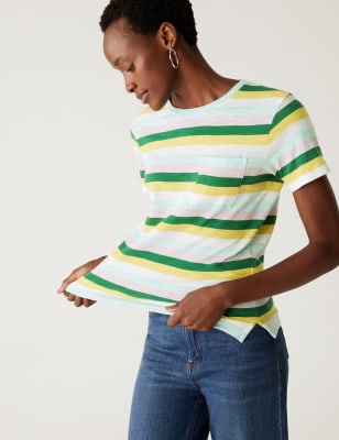 

Womens M&S Collection Pure Cotton Striped Pocket T-Shirt - Multi, Multi