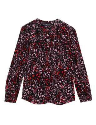 Womens M&S Collection Printed Round Neck Long Sleeve Blouse - Black Mix