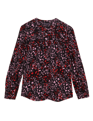 Womens M&S Collection Printed Round Neck Long Sleeve Blouse - Black Mix