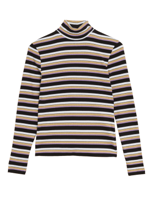 

Womens M&S Collection Cotton Rich Sparkly Striped Funnel Neck Top - Black Mix, Black Mix