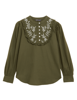 

Womens M&S Collection Bestickte Langarmbluse aus reiner Baumwolle - Dark Khaki, Dark Khaki